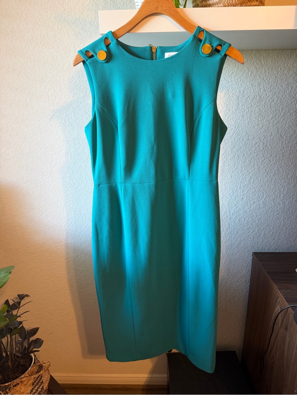 Calvin Klein Teal Sleeveless Sheath Dress with Shoulder Button Accents